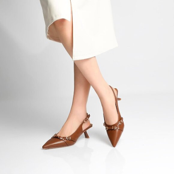 Mostrin Kitten Heel  Brown(03) Faux Leather Low Slingback Heel with Buckle - Picture 5 of 9